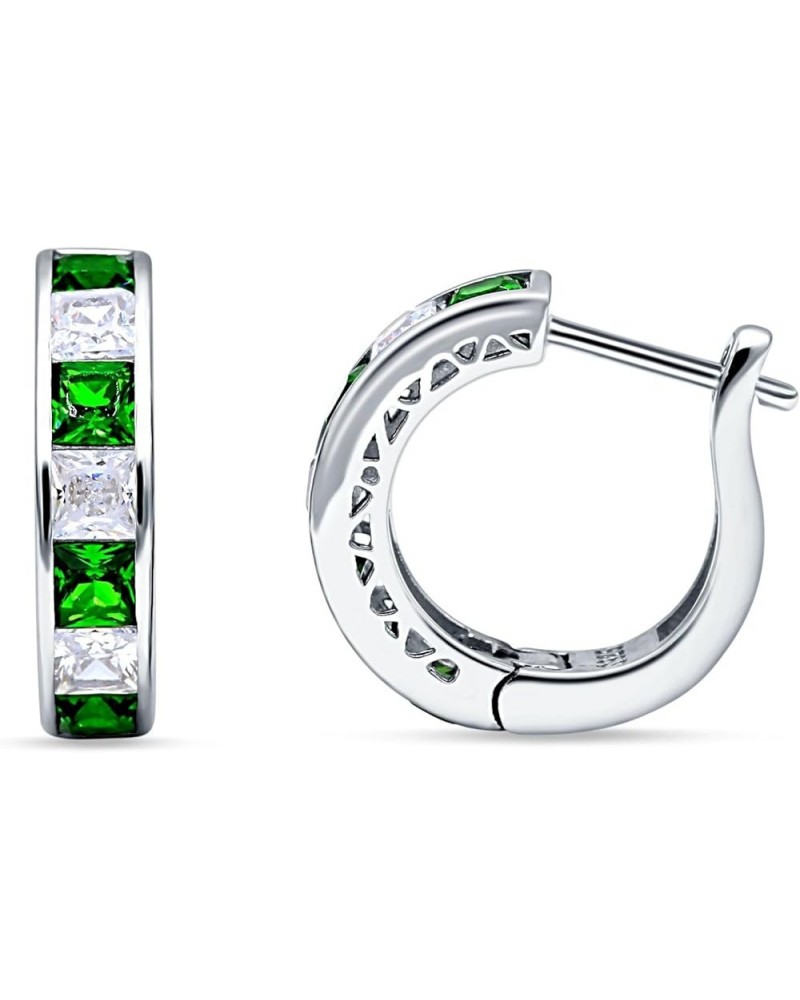 Minimalist Princess Cut Channel Set Hinged Huggie Hoop Earrings Cubic Zirconia 925 Sterling Silver Simulated Green Emerald CZ...