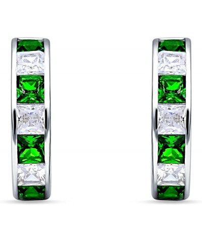 Minimalist Princess Cut Channel Set Hinged Huggie Hoop Earrings Cubic Zirconia 925 Sterling Silver Simulated Green Emerald CZ...