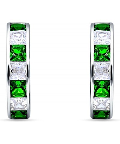 Minimalist Princess Cut Channel Set Hinged Huggie Hoop Earrings Cubic Zirconia 925 Sterling Silver Simulated Green Emerald CZ...