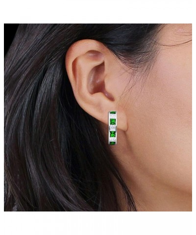 Minimalist Princess Cut Channel Set Hinged Huggie Hoop Earrings Cubic Zirconia 925 Sterling Silver Simulated Green Emerald CZ...