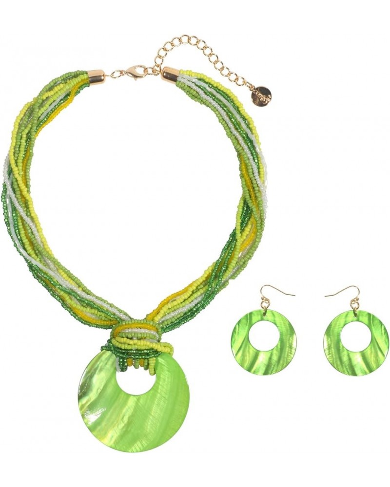 Multi Strand Statement Colorful Beaded Necklace with Big Circle Shell Pendant for Women Jasmine Green $9.68 Jewelry Sets