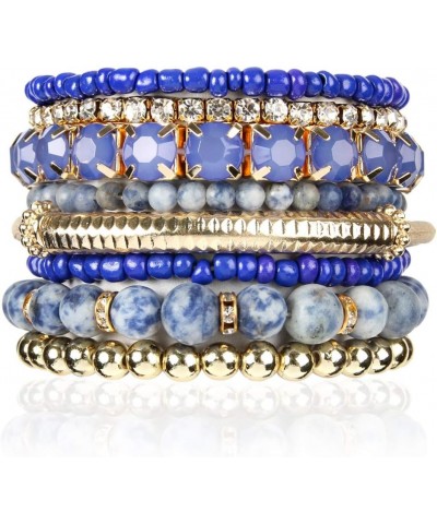 Multi Color Stretch Beaded Stackable Bracelets - Layering Bead Strand Statement Wrap Bangles Natural Stone - Blue Sodalite 7....