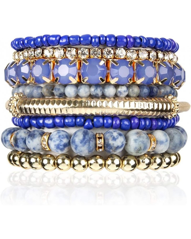 Multi Color Stretch Beaded Stackable Bracelets - Layering Bead Strand Statement Wrap Bangles Natural Stone - Blue Sodalite 7....