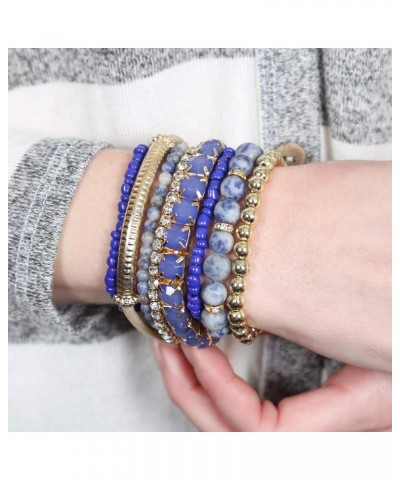 Multi Color Stretch Beaded Stackable Bracelets - Layering Bead Strand Statement Wrap Bangles Natural Stone - Blue Sodalite 7....