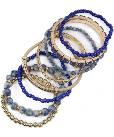 Multi Color Stretch Beaded Stackable Bracelets - Layering Bead Strand Statement Wrap Bangles Natural Stone - Blue Sodalite 7....