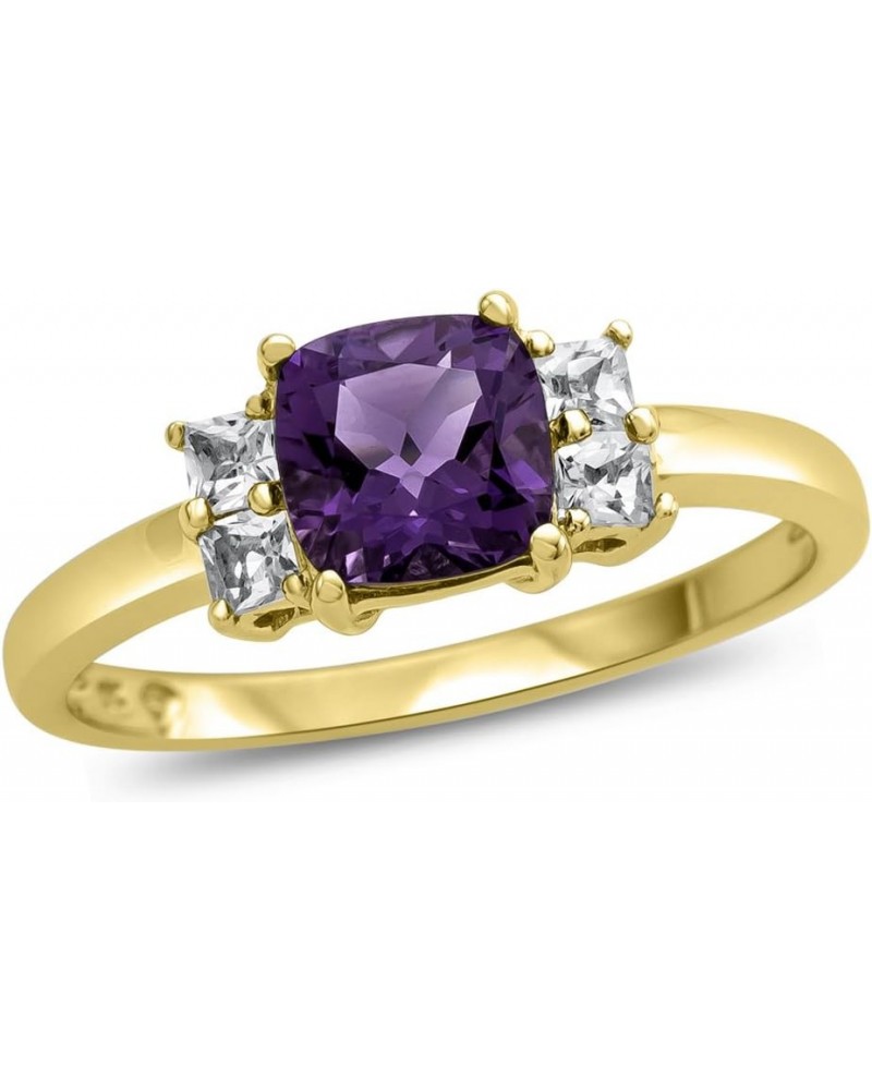 Solid 10k White, Yellow Gold or 6x6mm Cushion-Cut Center Stone with Side White Topaz Ri Amethyst (Yellow Gold) $113.74 Rings