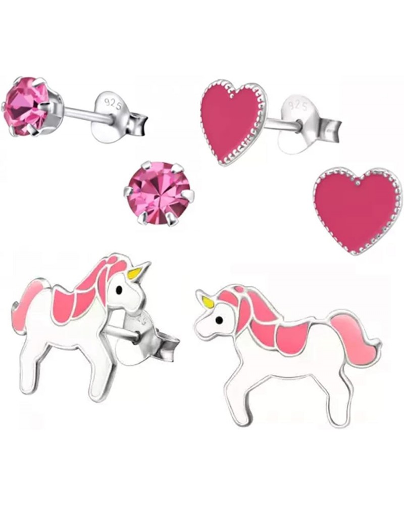 Unicorn .925 Sterling Silver Tiny Stud Earrings (Hypoallergenic) Style 006 Pink Crystals Heart Unicorn Set $10.61 Earrings