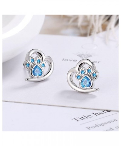 Blue CZ Paw Print Small Stud Earrings Shiny Cubic Zirconia Unicorn Cute Animals Tiny Studs for Women Girls Dainty Silver Plat...