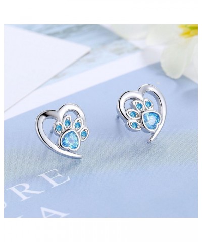 Blue CZ Paw Print Small Stud Earrings Shiny Cubic Zirconia Unicorn Cute Animals Tiny Studs for Women Girls Dainty Silver Plat...