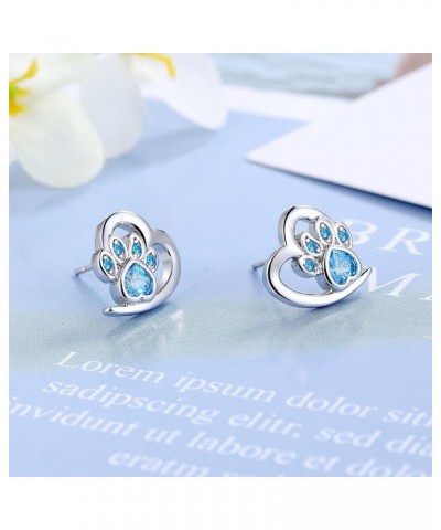 Blue CZ Paw Print Small Stud Earrings Shiny Cubic Zirconia Unicorn Cute Animals Tiny Studs for Women Girls Dainty Silver Plat...