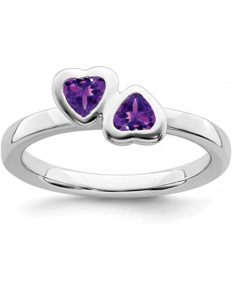 Solid 925 Sterling Silver Stackable Amethyst Purple February Gemstone Double Heart Ring Eternity Band $36.72 Rings