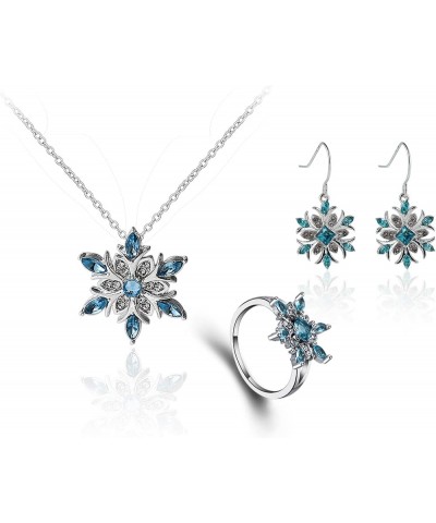 Women's Blue Snowflake Dangle Earrings Pendant Necklace Ring Set Flower Clavicle Chain Crystal Thanksgiving Day gift for Wome...