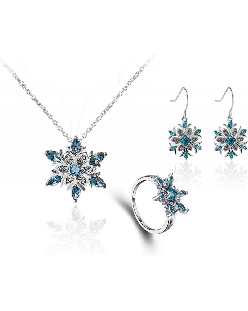 Women's Blue Snowflake Dangle Earrings Pendant Necklace Ring Set Flower Clavicle Chain Crystal Thanksgiving Day gift for Wome...