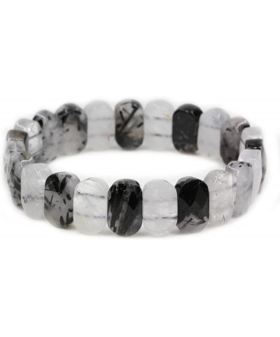 Semi Precious Stones 14mm Faceted Oval Beads Crystal Rock Elastic Bangle 7.5 Inch Black Rutilated Quartz $10.79 Bracelets