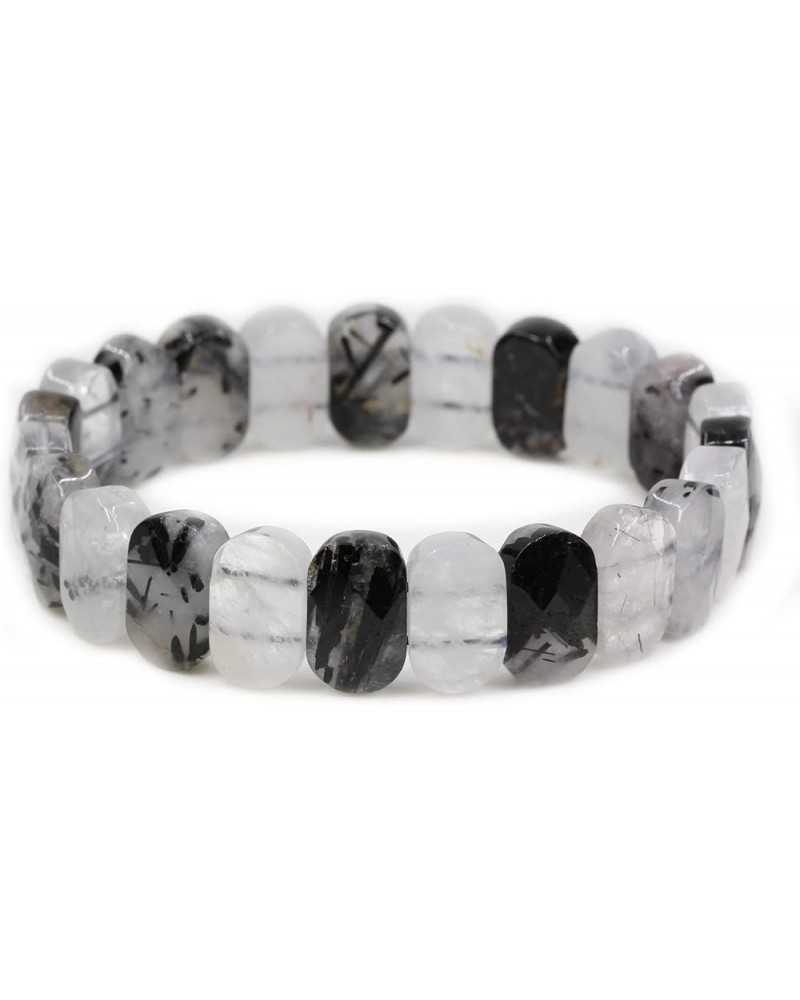 Semi Precious Stones 14mm Faceted Oval Beads Crystal Rock Elastic Bangle 7.5 Inch Black Rutilated Quartz $10.79 Bracelets