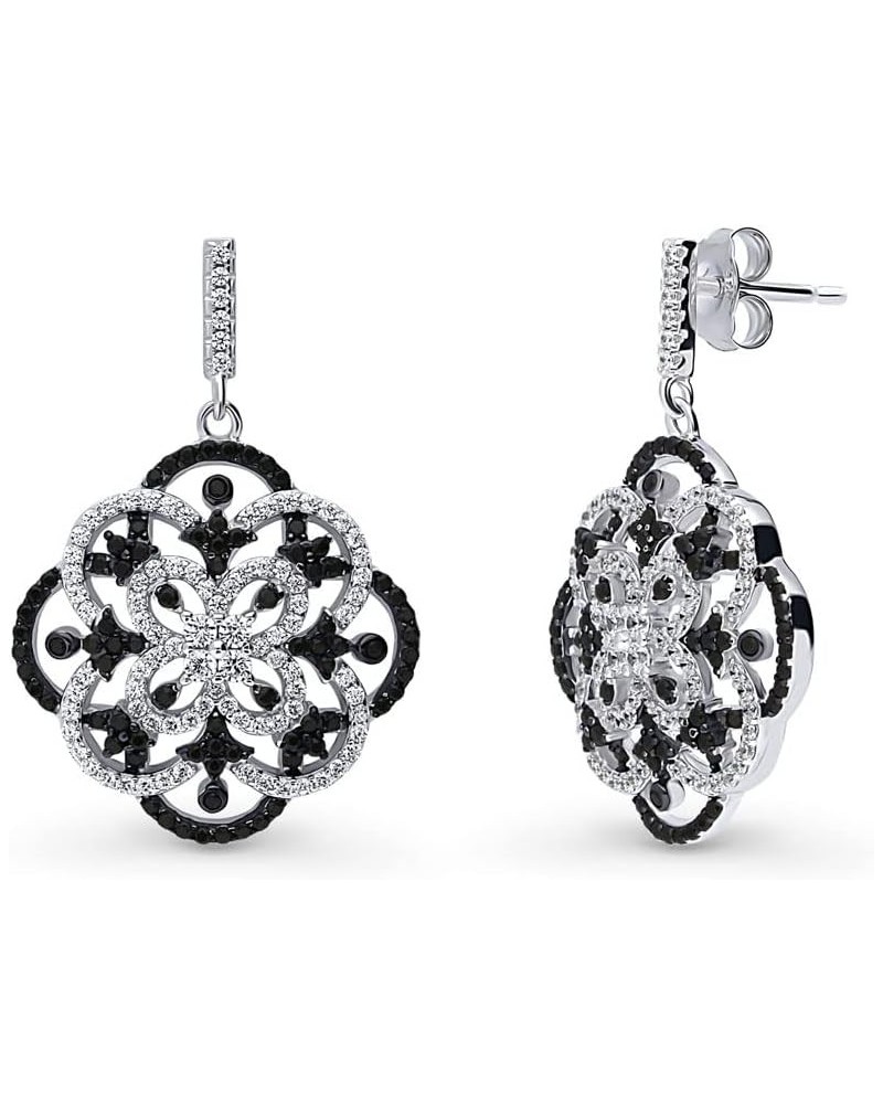 Sterling Silver Flower Cubic Zirconia CZ Statement Black and White Dangle Drop Earrings for Women, Rhodium Plated $24.37 Earr...