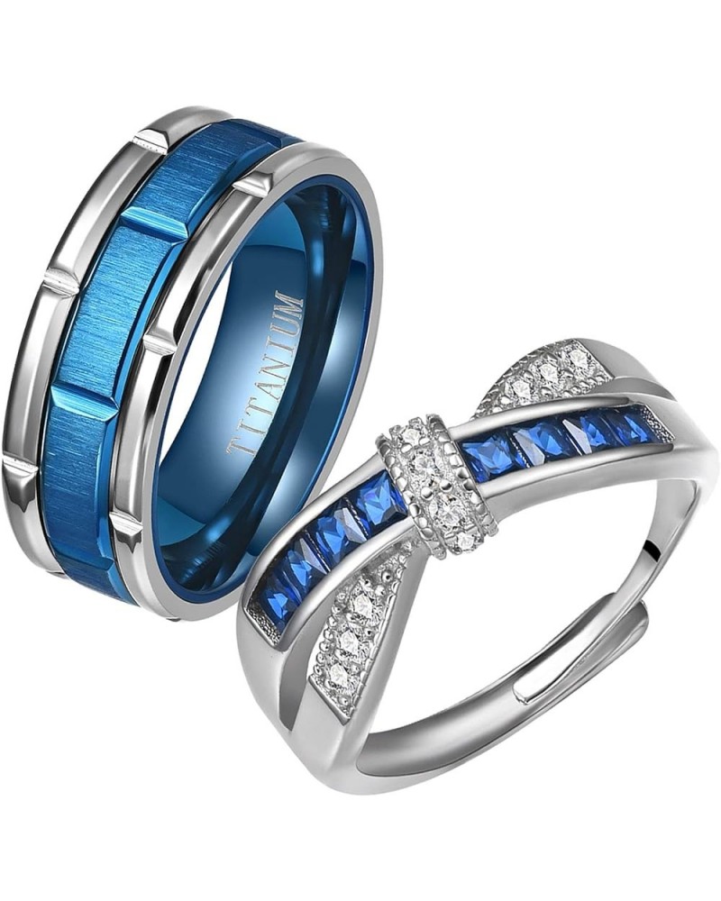 2 Rings Couple Rings Bridal Sets Silver Ring Blue Cz Womens Wedding Ring Titanium Steel Man Wedding Bands women's size 8 & me...