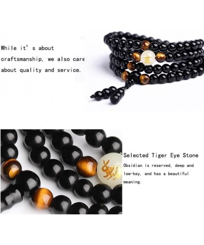 Natural Obsidian Luminous Carving Dragon Pattern Tiger Eye Stone Zodiac Bracelet 108 Beads Buddhist Rosary Elastic Adjustable...