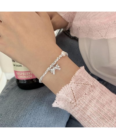 Silver Bow Bracelet Pearl Bracelet for Women Teen Girls,Pearl Beaded Crystal Bow Bracelet Bangle Cuff Chain,Bow Jewelry Fashi...