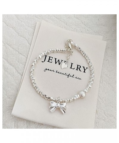 Silver Bow Bracelet Pearl Bracelet for Women Teen Girls,Pearl Beaded Crystal Bow Bracelet Bangle Cuff Chain,Bow Jewelry Fashi...