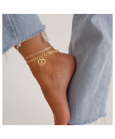 Initial Ankle Bracelets for Women, 14K Gold Plated Cuban Link Anklets Flat Mariner Link Anklets Handmade Layered Heart Ankle ...