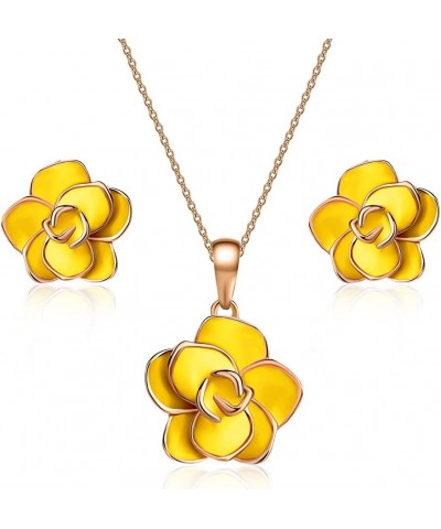 Rose Flower Necklace Earrings Set for Women 18K Gold Plated Hypoallergenic Jewelry Sets Yellow $13.99 Jewelry Sets