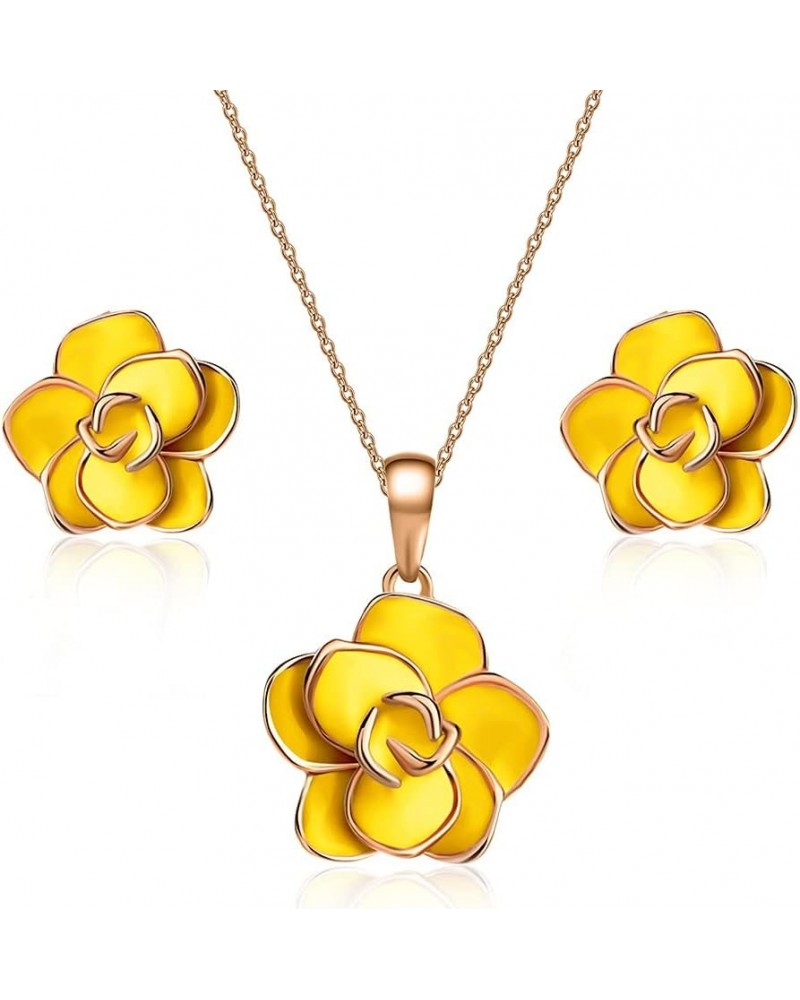 Rose Flower Necklace Earrings Set for Women 18K Gold Plated Hypoallergenic Jewelry Sets Yellow $13.99 Jewelry Sets