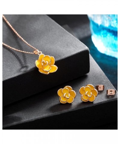 Rose Flower Necklace Earrings Set for Women 18K Gold Plated Hypoallergenic Jewelry Sets Yellow $13.99 Jewelry Sets