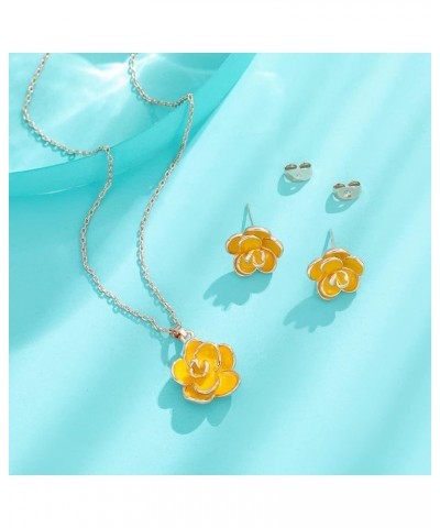 Rose Flower Necklace Earrings Set for Women 18K Gold Plated Hypoallergenic Jewelry Sets Yellow $13.99 Jewelry Sets