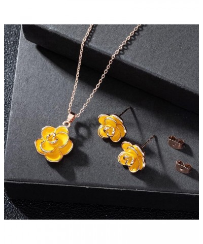 Rose Flower Necklace Earrings Set for Women 18K Gold Plated Hypoallergenic Jewelry Sets Yellow $13.99 Jewelry Sets