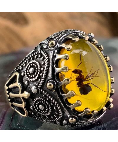 925 Sterling Silver Oval Amber Ring Handmade Engrave Crown Natural Stone Ring Boho Honey Amber Ring Jewelry Gift for Women 7 ...