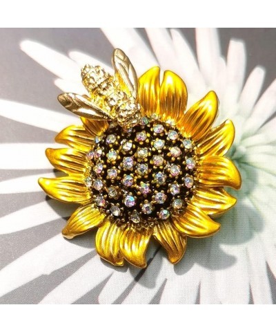 DREAMLANDSALES Exquisite Design Gold Bee on Sunflower Brooch Pin with AB Accent Vintage Jewelry $8.50 Brooches & Pins