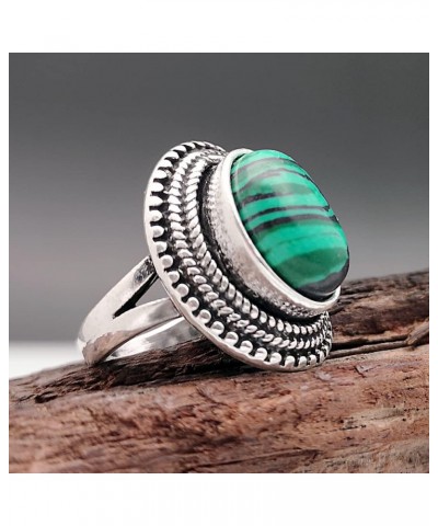 Vintage 925 Sterling Silver Oval Cut Malachite Rings Boho Natural Stone Rings for Women Green Gemstone Solitaire Band Stateme...