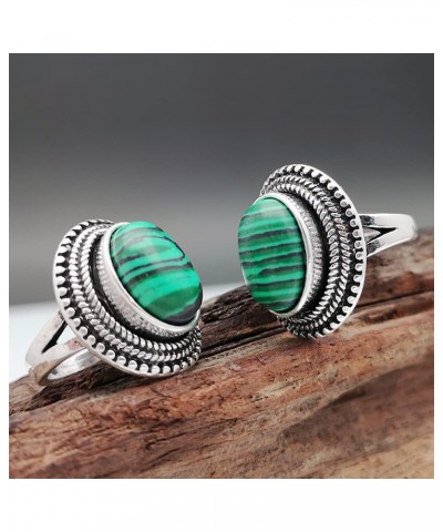 Vintage 925 Sterling Silver Oval Cut Malachite Rings Boho Natural Stone Rings for Women Green Gemstone Solitaire Band Stateme...