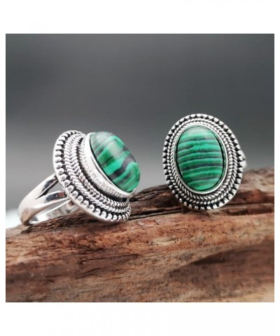 Vintage 925 Sterling Silver Oval Cut Malachite Rings Boho Natural Stone Rings for Women Green Gemstone Solitaire Band Stateme...