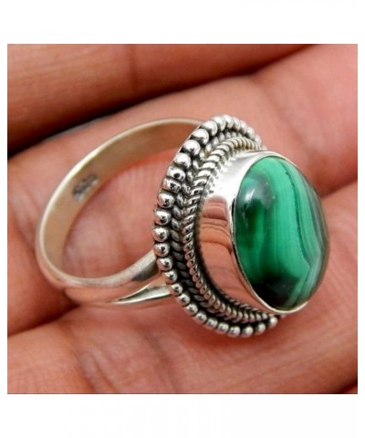 Vintage 925 Sterling Silver Oval Cut Malachite Rings Boho Natural Stone Rings for Women Green Gemstone Solitaire Band Stateme...