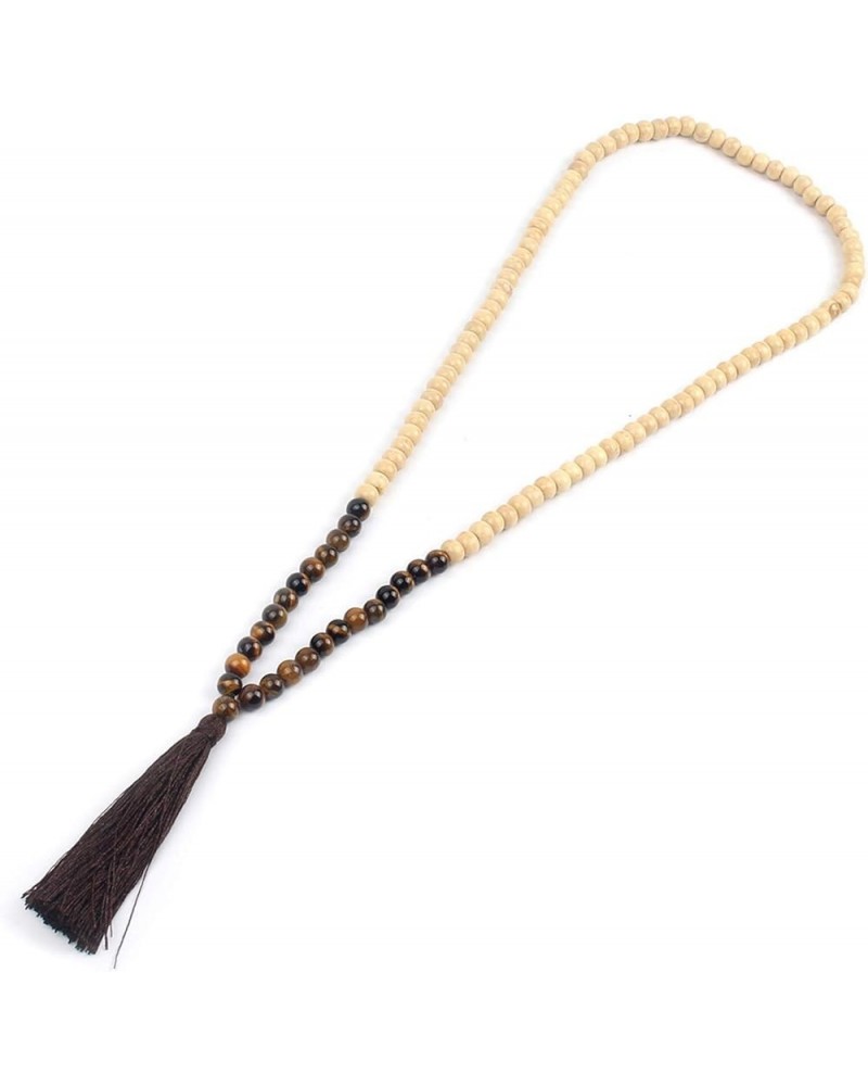 Handmade 8MM Semi-precious Stone Beaded Natural Wood Mala Beads Long Tassel Fringe Pendant Necklace for Women Men Prayer Tibe...