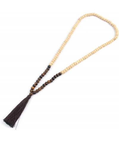 Handmade 8MM Semi-precious Stone Beaded Natural Wood Mala Beads Long Tassel Fringe Pendant Necklace for Women Men Prayer Tibe...