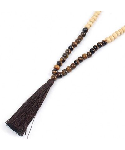 Handmade 8MM Semi-precious Stone Beaded Natural Wood Mala Beads Long Tassel Fringe Pendant Necklace for Women Men Prayer Tibe...