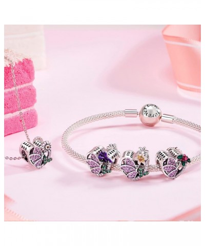 Birth Flower Birthstone Charm for Charms Bracelets Women Birthday Jewelry Gifts Purple Butterfly Love Heart Bead 925 Sterling...