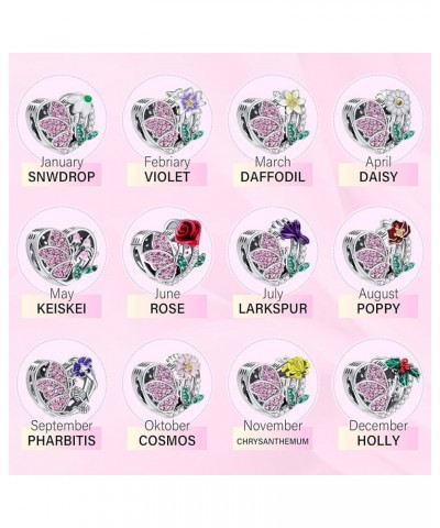 Birth Flower Birthstone Charm for Charms Bracelets Women Birthday Jewelry Gifts Purple Butterfly Love Heart Bead 925 Sterling...