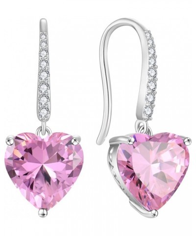 Dangle Drop Earrings Sterling Silver Solitaire Hook Earrings Heart Birthstone Jewelry for Women 10-pink tourmaline-Oct $34.44...