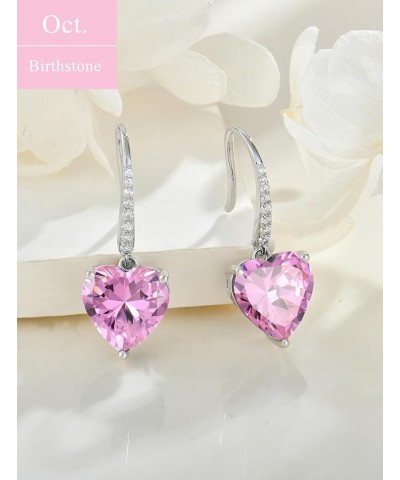 Dangle Drop Earrings Sterling Silver Solitaire Hook Earrings Heart Birthstone Jewelry for Women 10-pink tourmaline-Oct $34.44...