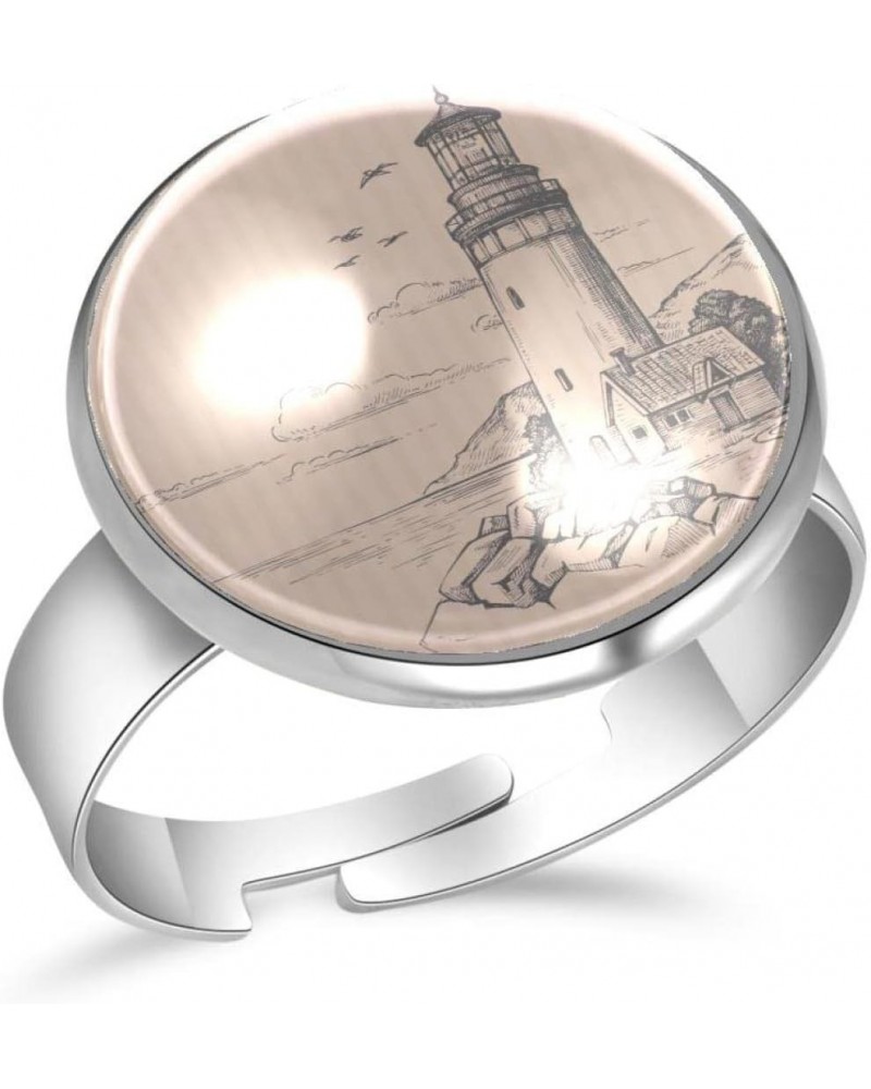 Lighthouse Seascape Adjustable Rings for Women Girls, Stainless Steel Open Finger Rings Jewelry Gifts $11.39 Rings