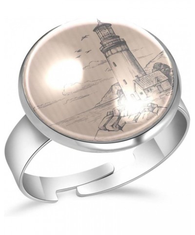 Lighthouse Seascape Adjustable Rings for Women Girls, Stainless Steel Open Finger Rings Jewelry Gifts $11.39 Rings