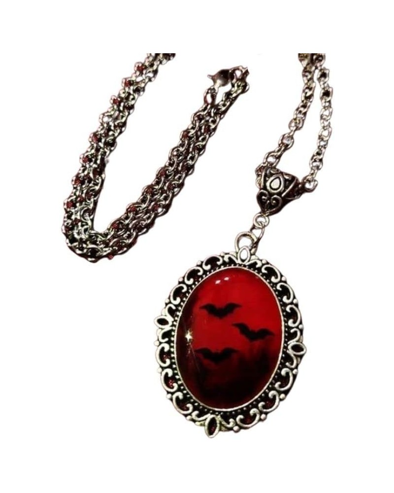 Gothic Blood Bat Cabochon Pendant Necklace Vampire Bat Cameo Necklace Vintage Goth Celtic Mystic Witch Halloween Jewelry Gift...