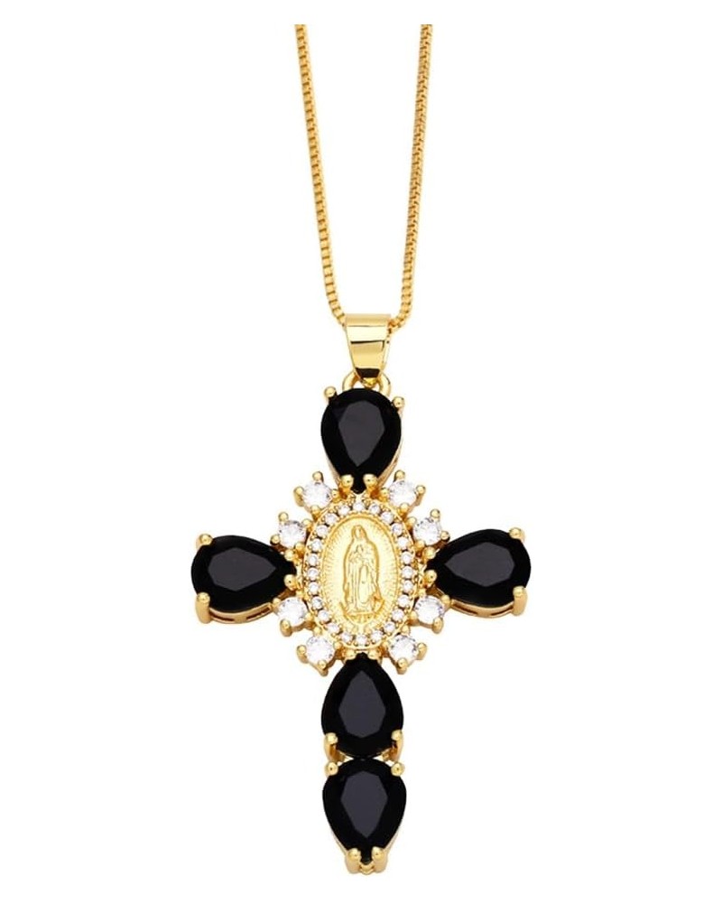 Religious Virgin Mary Cross Teardrop Color Cubic Zirconia Pendant Necklaces for Women Black $8.75 Necklaces