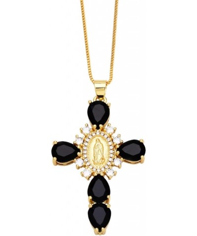 Religious Virgin Mary Cross Teardrop Color Cubic Zirconia Pendant Necklaces for Women Black $8.75 Necklaces