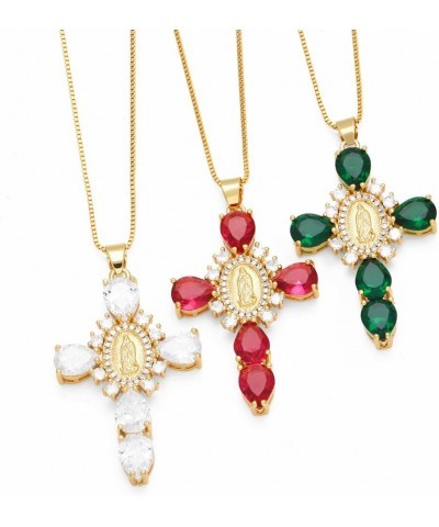 Religious Virgin Mary Cross Teardrop Color Cubic Zirconia Pendant Necklaces for Women Black $8.75 Necklaces