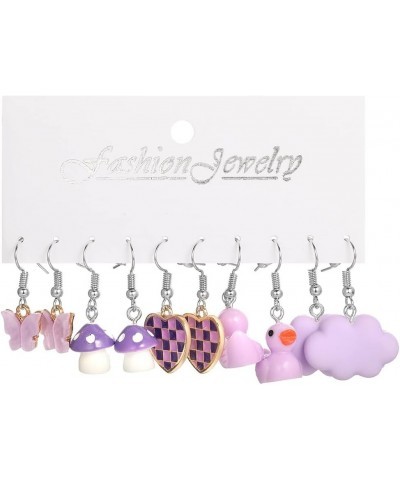 5 pairs Earrings Set Green Purple Heart Dice Mushroom Butterfly Cloud Duck Charms Dangle Earrings Cartoon Lovely Jewelry for ...